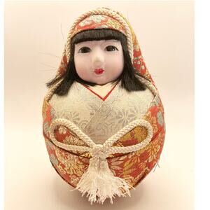 Vintage Japanese Brocade Cloth Doll Daruma Style Handmade Kimono Figure